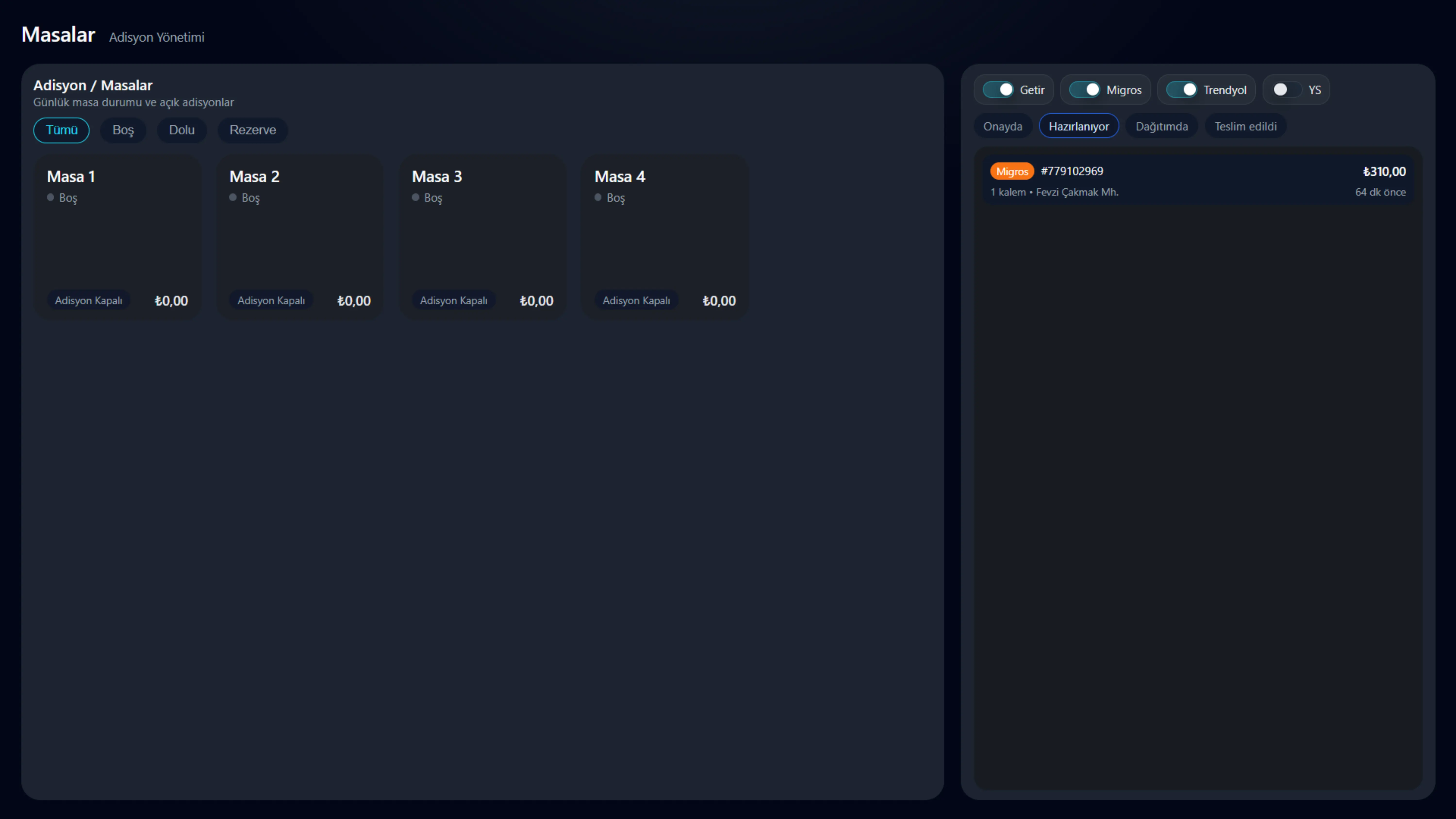 Adisyon yönetimi ekranı